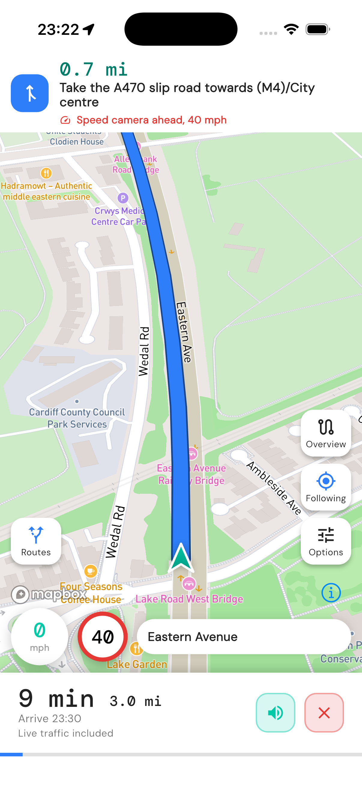PickRoute beta navigating on Eastern Avenue in Cardiff, with a 40 mph limit and a camera-ahead warning.