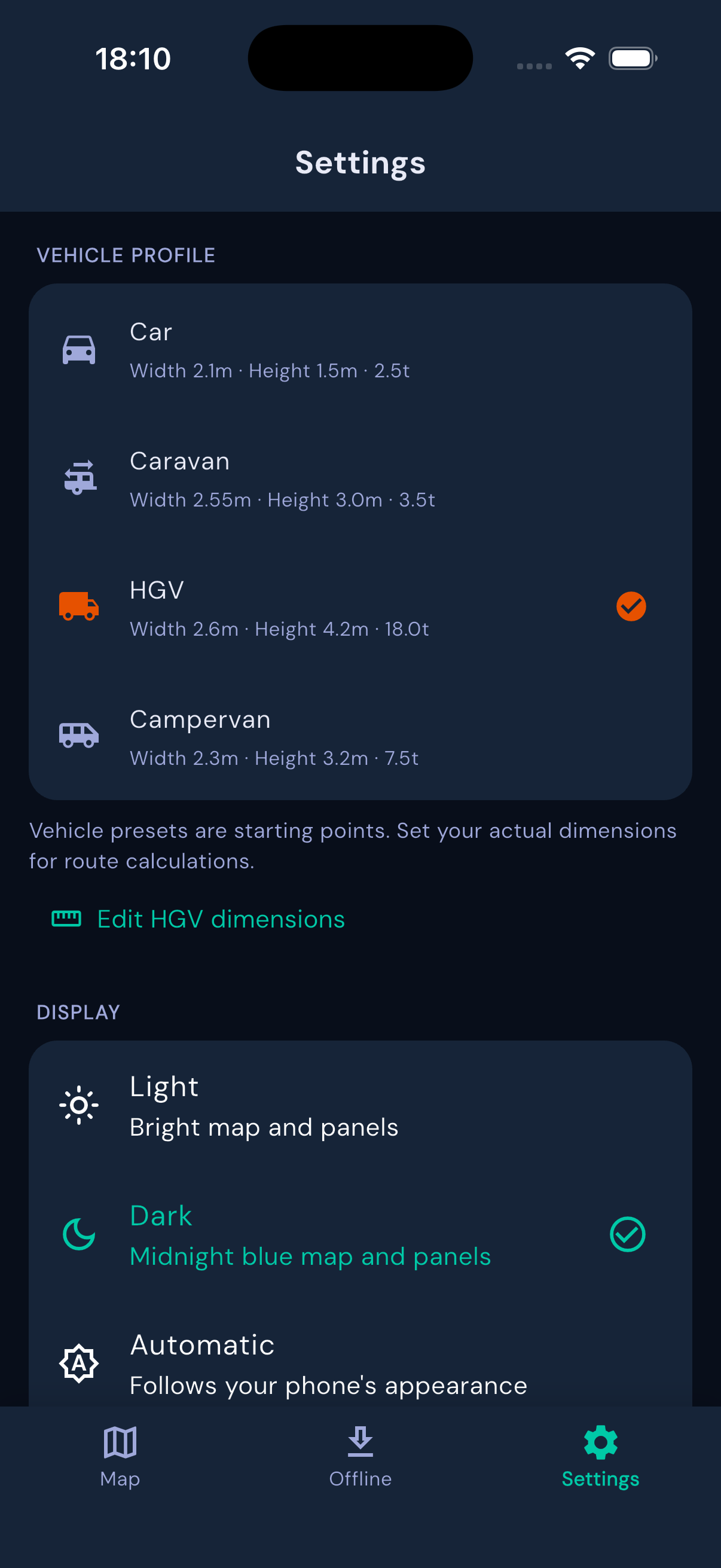 PickRoute vehicle settings, showing car, caravan, HGV and campervan profiles and an option to edit vehicle dimensions.